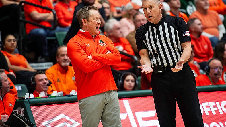 Colorado State's head coach Nico Medved talks with an offical during a game against UNLV at Moby Arena in Fort Collins, Colo., on Friday, Jan. 19, 2024.