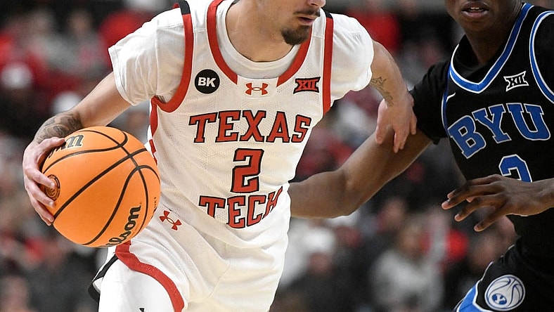 Texas Tech's guard Pop Isaacs (2) dribbles the ball against BYU in a Big 12 basketball game, Saturday, Jan. 20, 2024, at United Supermarkets Arena.