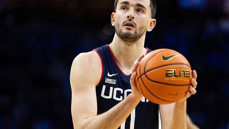 Jan 20, 2024; Philadelphia, Pennsylvania, USA; Connecticut Huskies forward Alex Karaban (11) during the first half against the Villanova Wildcats at Wells Fargo Center. Mandatory Credit: Bill Streicher-USA TODAY Sports