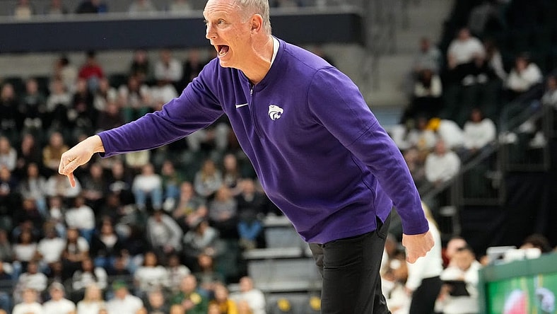 Jan 22, 2024; Waco, Texas, USA; Kansas State Wildcats head coach Jeff Mittie reacts against the Baylor Lady Bears during the first half at Paul and Alejandra Foster Pavilion. Mandatory Credit: Chris Jones-USA TODAY Sports