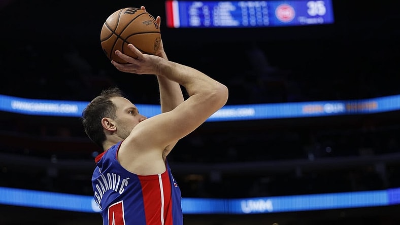 Jan 24, 2024; Detroit, Michigan, USA;  Detroit Pistons forward Bojan Bogdanovic (44) shoots in the first half against the Charlotte Hornets at Little Caesars Arena. Mandatory Credit: Rick Osentoski-USA TODAY Sports