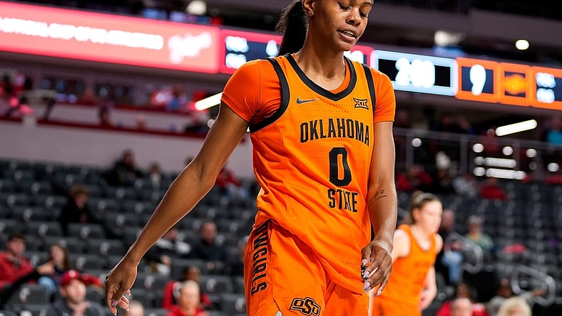 Oklahoma State Cowgirls guard Quincy Noble (0) reacts during the NCAA women   s basketball game between the Cincinnati Bearcats and Oklahoma State Cowgirls on Wednesday, Jan. 24, 2024, at Fifth Third Arena in Cincinnati.