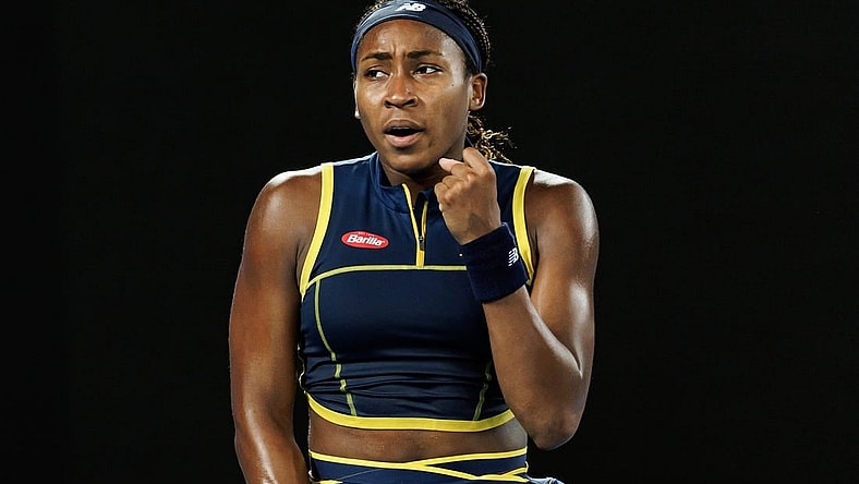 Jan 25, 2024; Melbourne, Victoria, Australia; Coco Gauff of the United States celebrates against Aryna Sabalenka of Belarus in the semi-final of the women s singles at the Australian Open. Mandatory Credit: Mike Frey-USA TODAY Sports