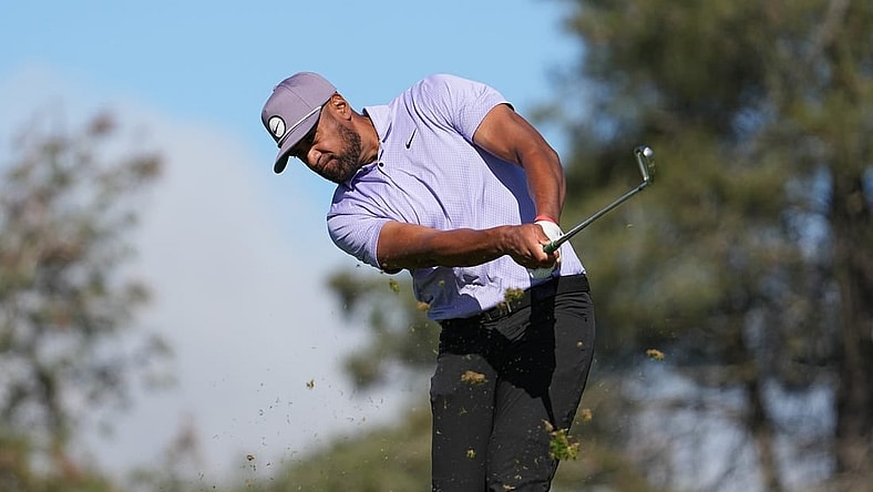 Jan 25, 2024; San Diego, California, USA; Tony Finau hits his tee shot on the eighth hole during the second round of the Farmers Insurance Open golf tournament at Torrey Pines Municipal Golf Course - North Course. Mandatory Credit: Ray Acevedo-USA TODAY Sports