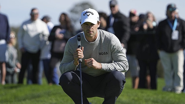 Jan 26, 2024; San Diego, California, USA; Thomas Detry lines up a putt on the second green during the third round of the Farmers Insurance Open golf tournament at Torrey Pines Municipal Golf Course - South Course. Mandatory Credit: Ray Acevedo-USA TODAY Sports