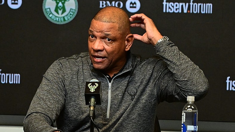 Jan 27, 2024; Milwaukee, WI, USA;  Doc Rivers speaks at a press conference where he was introduce as the new head coach of the Milwaukee Bucks at the Fiserv Forum. Mandatory Credit: Benny Sieu-USA TODAY Sports