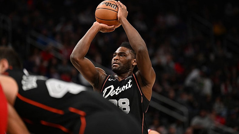 Jan 27, 2024; Detroit, Michigan, USA; Detroit Pistons center Isaiah Stewart (28) shoots a foul shot against the Washington Wizards in the first quarter at Little Caesars Arena. Mandatory Credit: Lon Horwedel-USA TODAY Sports