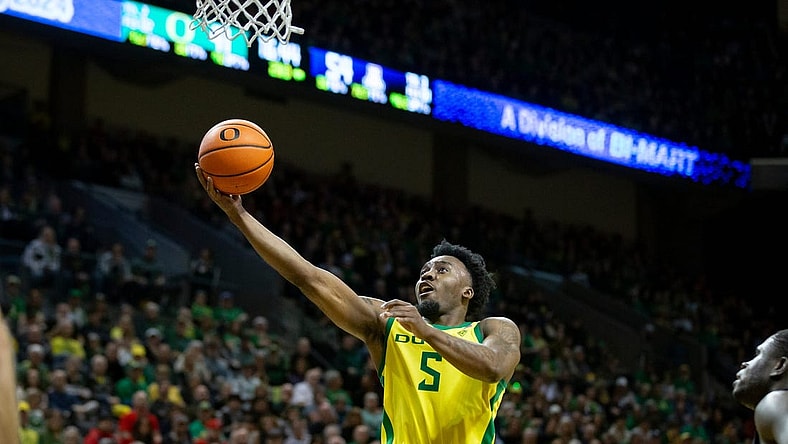 Oregon guard Jermaine Couisnard goes up for a shot as the Oregon Ducks host the Arizona Wildcats Saturday, Jan. 27, 2024 at Matthew Knight Arena in Eugene, Ore.