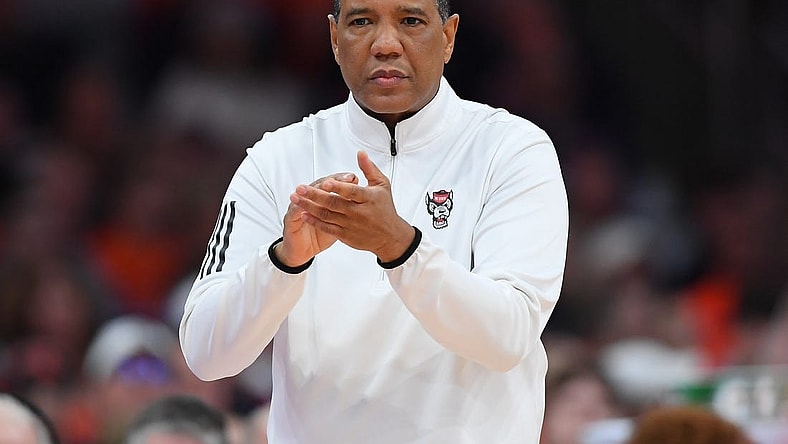 Jan 27, 2024; Syracuse, New York, USA; North Carolina State Wolfpack head coach Kevin Keatts looks on against the Syracuse Orange during the first half at the JMA Wireless Dome. Mandatory Credit: Rich Barnes-USA TODAY Sports