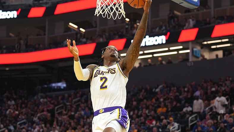 Jan 27, 2024; San Francisco, California, USA; Los Angeles Lakers forward Jarred Vanderbilt (2) scores against the Golden State Warriors during the first quarter at Chase Center. Mandatory Credit: Darren Yamashita-USA TODAY Sports