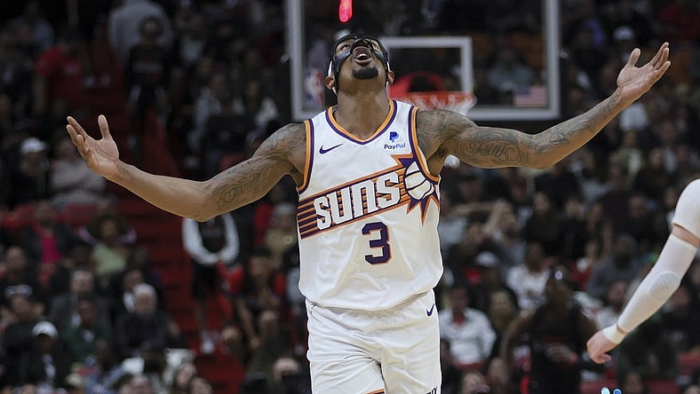 Jan 29, 2024; Miami, Florida, USA; Phoenix Suns guard Bradley Beal (3) reacts after scoring against the Miami Heat during the fourth quarter at Kaseya Center. Mandatory Credit: Sam Navarro-USA TODAY Sports