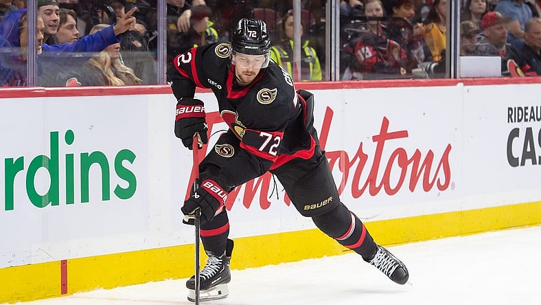 Jan 29, 2024; Ottawa, Ontario, CAN; Ottawa Senators defenseman Thomas Chabot (72) skates with the puck in the second period against the Nashville Predators at the Canadian Tire Centre. Mandatory Credit: Marc DesRosiers-USA TODAY Sports