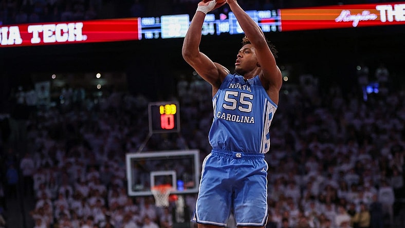 Jan 30, 2024; Atlanta, Georgia, USA; North Carolina Tar Heels forward Harrison Ingram (55) shoots against the Georgia Tech Yellow Jackets in the first half at McCamish Pavilion. Mandatory Credit: Brett Davis-USA TODAY Sports