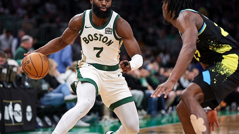 Jan 30, 2024; Boston, Massachusetts, USA; Boston Celtics forward Jaylen Brown (7) drives to the basket during the second half against the Indiana Pacers at TD Garden. Mandatory Credit: Paul Rutherford-USA TODAY Sports