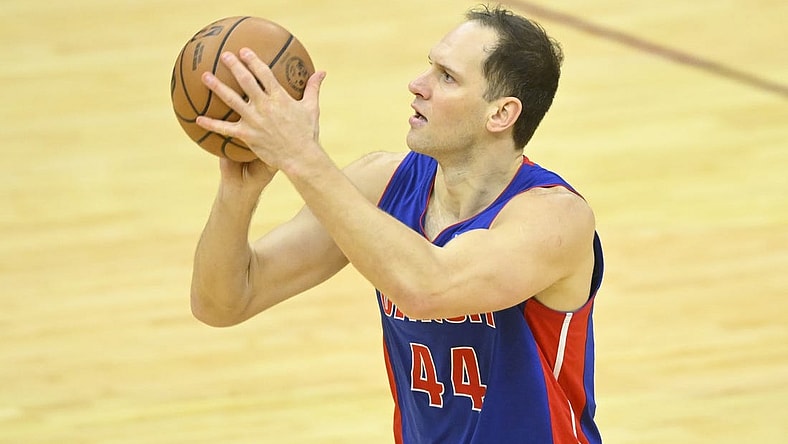 Jan 31, 2024; Cleveland, Ohio, USA; Detroit Pistons forward Bojan Bogdanovic (44) shoots in the fourth quarter against the Cleveland Cavaliers at Rocket Mortgage FieldHouse. Mandatory Credit: David Richard-USA TODAY Sports
