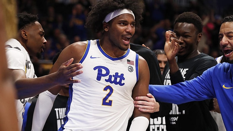 Jan 31, 2024; Pittsburgh, Pennsylvania, USA; Pittsburgh Panthers forward Blake Hinson (2) reacts with the PITT bench against the Wake Forest Demon Deacons during the second half at the Petersen Events Center. Pittsburgh won 77-72. Mandatory Credit: Charles LeClaire-USA TODAY Sports