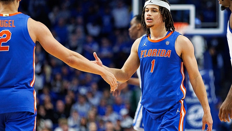 Jan 31, 2024; Lexington, Kentucky, USA; Florida Gators guard Walter Clayton Jr. (1) celebrates during overtime against the Kentucky Wildcats at Rupp Arena at Central Bank Center. Mandatory Credit: Jordan Prather-USA TODAY Sports