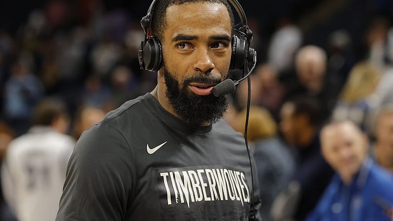 Jan 31, 2024; Minneapolis, Minnesota, USA; Minnesota Timberwolves guard Mike Conley (10) takes part in an interview after defeating the Dallas Mavericks at Target Center. Mandatory Credit: Bruce Kluckhohn-USA TODAY Sports