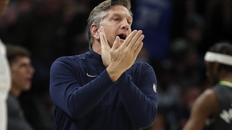 Jan 31, 2024; Minneapolis, Minnesota, USA; Minnesota Timberwolves head coach Chris Finch directs his team as they play the Dallas Mavericks in the first quarter at Target Center. Mandatory Credit: Bruce Kluckhohn-USA TODAY Sports