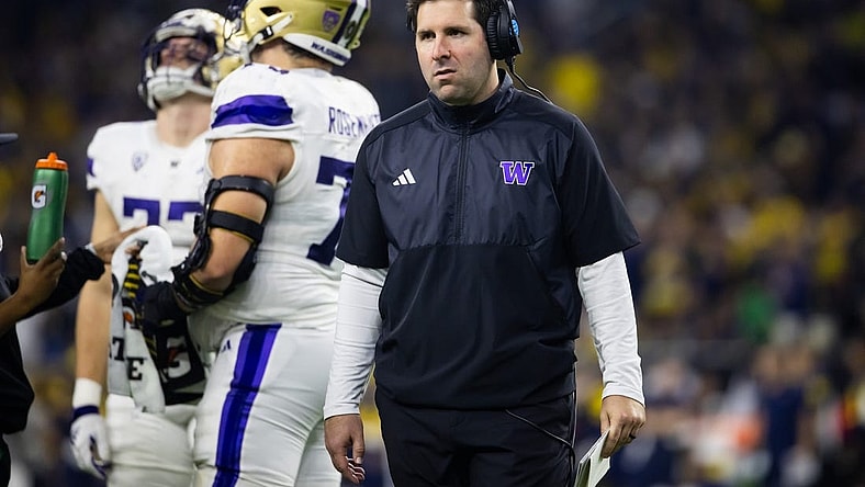 Jan 8, 2024; Houston, TX, USA; Washington Huskies tight ends coach Nick Sheridan against the Michigan Wolverines during the 2024 College Football Playoff national championship game at NRG Stadium. Mandatory Credit: Mark J. Rebilas-USA TODAY Sports