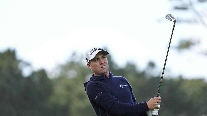 Feb 1, 2024; Pebble Beach, California, USA; Justin Thomas hits his fairway shot on the 10th hole during the first round of the AT&T Pebble Beach Pro-Am golf tournament at Spyglass Hill Golf Course. Mandatory Credit: Michael Madrid-USA TODAY Sports