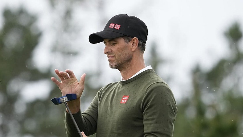 Feb 1, 2024; Pebble Beach, California, USA; Adam Scott reacts after his putt on the 10th hole during the first round of the AT&T Pebble Beach Pro-Am golf tournament at Spyglass Hill Golf Course. Mandatory Credit: Michael Madrid-USA TODAY Sports