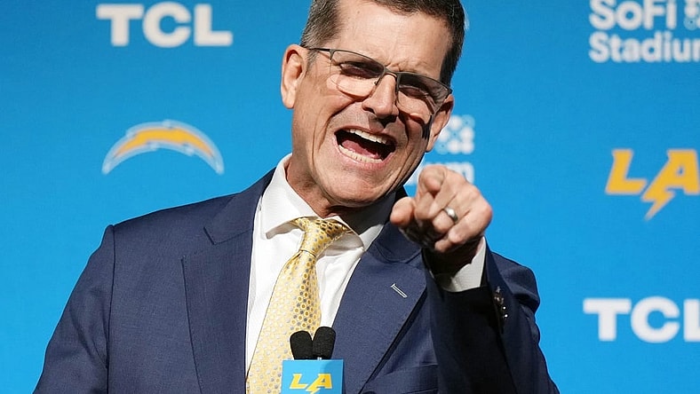 Feb 1, 2024; Inglewood, CA, USA; Los Angeles Chargers coach Jim Harbaugh speaks at an introductory press conference at YouTube Theater at SoFi Stadium. Mandatory Credit: Kirby Lee-USA TODAY Sports