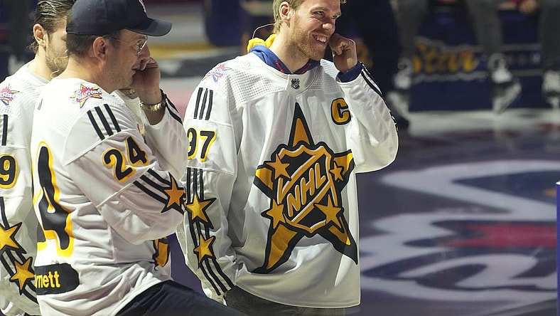 Feb 1, 2024; Toronto, Ontario, CANADA; Actor Will Arnett (left) and Team McDavid captain Connor McDavid (right) during the NHL All-Star Player Draft on NHL All-Star Thursday at Scotiabank Arena. Mandatory Credit: John E. Sokolowski-USA TODAY Sports