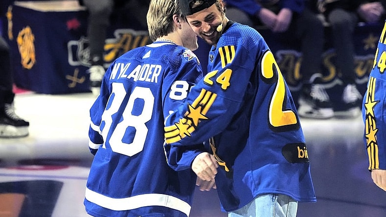 Feb 1, 2024; Toronto, Ontario, CANADA; Team Matthews celebrity Justin Bieber selects Toronto Maple Leafs forward William Nylander during the NHL All-Star Player Draft on NHL All-Star Thursday at Scotiabank Arena. Mandatory Credit: John E. Sokolowski-USA TODAY Sports