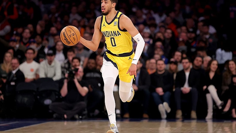 Feb 1, 2024; New York, New York, USA; Indiana Pacers guard Tyrese Haliburton (0) brings the ball up court against the New York Knicks during the first quarter at Madison Square Garden. Mandatory Credit: Brad Penner-USA TODAY Sports