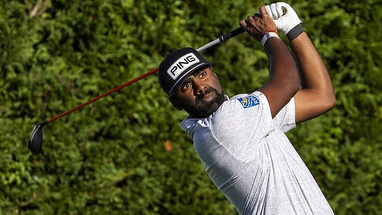 February 2, 2024; Pebble Beach, California, USA; Sahith Theegala hits his tee shot on the 16th hole during the second round of the AT&T Pebble Beach Pro-Am golf tournament at Pebble Beach Golf Links. Mandatory Credit: Kyle Terada-USA TODAY Sports