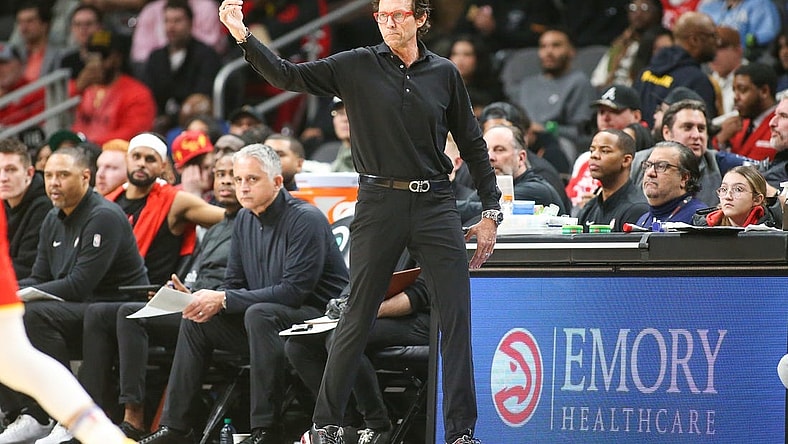 Feb 2, 2024; Atlanta, Georgia, USA; Atlanta Hawks head coach Quin Snyder on the sideline against the Phoenix Suns in the second quarter at State Farm Arena. Mandatory Credit: Brett Davis-USA TODAY Sports