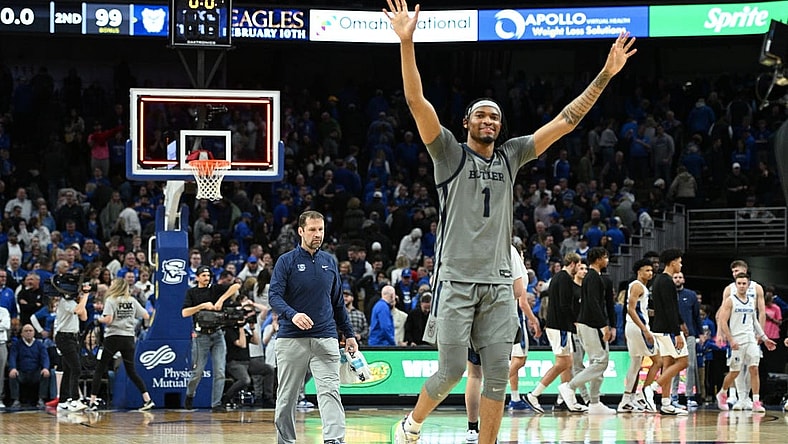 Feb 2, 2024; Omaha, Nebraska, USA; Butler Bulldogs forward Jalen Thomas (1) celebrates the win against the Creighton Bluejays in the second half at CHI Health Center Omaha. Mandatory Credit: Steven Branscombe-USA TODAY Sports
