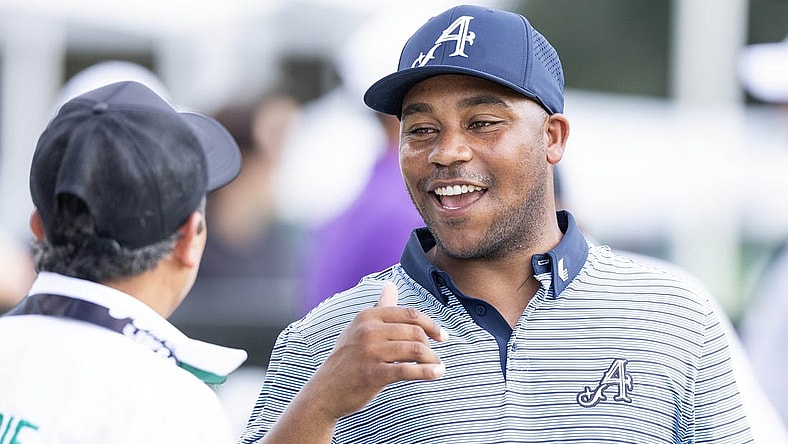 Feb 3, 2024; Playa del Carmen, Quintana Roo, MEX; Team Aces player Harold Varner III with local Mayakoba caddie David  Tukan  before the second round of the LIV Golf Mayakoba tournament at El Chamaleon Golf Course. Mandatory Credit: Erich Schlegel-USA TODAY Sports