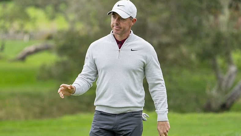 February 3, 2024; Pebble Beach, California, USA; Rory McIlroy acknowledges the crowd after making his putt on the second hole during the third round of the AT&T Pebble Beach Pro-Am golf tournament at Pebble Beach Golf Links. Mandatory Credit: Kyle Terada-USA TODAY Sports