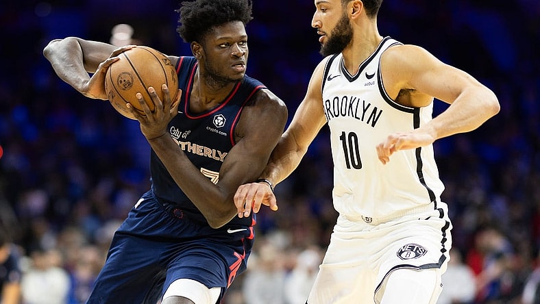 Feb 3, 2024; Philadelphia, Pennsylvania, USA; Philadelphia 76ers center Mo Bamba (7) controls the ball against Brooklyn Nets guard Ben Simmons (10) during the second quarter at Wells Fargo Center. Mandatory Credit: Bill Streicher-USA TODAY Sports
