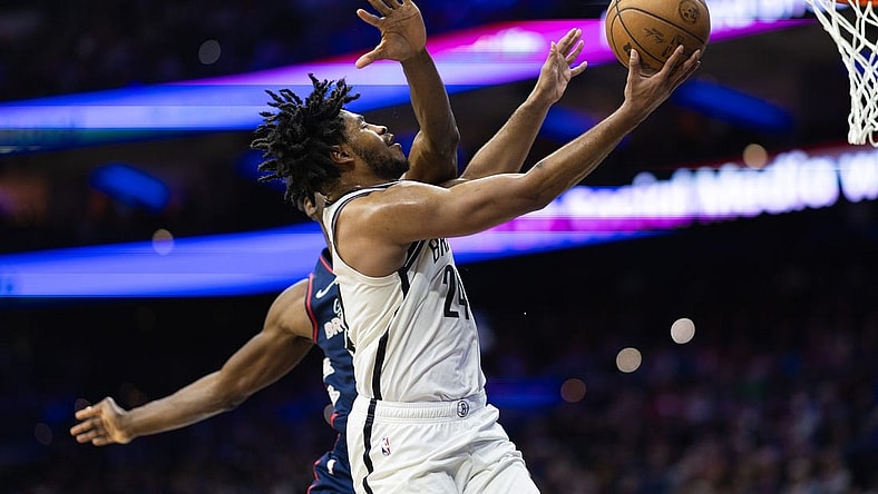Feb 3, 2024; Philadelphia, Pennsylvania, USA; Brooklyn Nets guard Cam Thomas (24) scores against the Philadelphia 76ers during the third quarter at Wells Fargo Center. Mandatory Credit: Bill Streicher-USA TODAY Sports