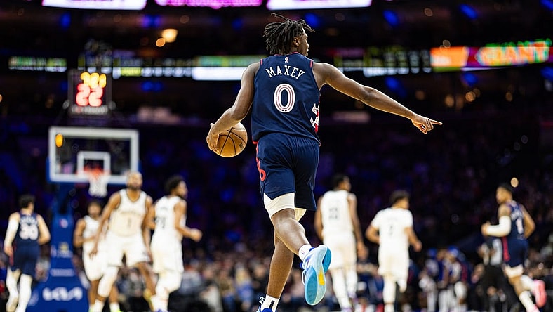 Feb 3, 2024; Philadelphia, Pennsylvania, USA; Philadelphia 76ers guard Tyrese Maxey (0) brings the ball up court against the Brooklyn Nets during the third quarter at Wells Fargo Center. Mandatory Credit: Bill Streicher-USA TODAY Sports