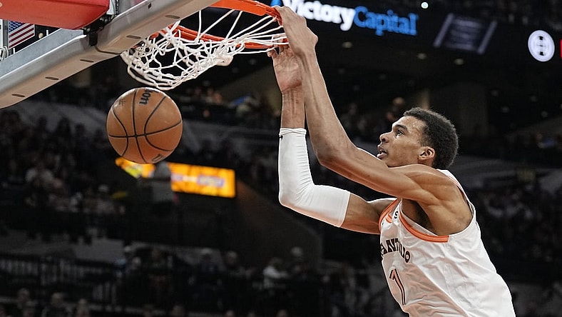 Feb 3, 2024; San Antonio, Texas, USA; San Antonio Spurs forward Victor Wembanyama (1) dunks during the first half against the Cleveland Cavaliers at Frost Bank Center. Mandatory Credit: Scott Wachter-USA TODAY Sports