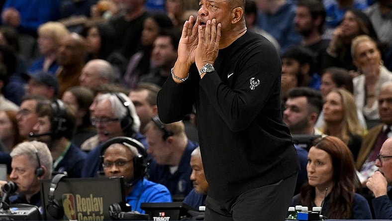 Feb 3, 2024; Dallas, Texas, USA; Milwaukee Bucks head coach Doc Rivers yells to his team during the second quarter against the Dallas Mavericks at the American Airlines Center. Mandatory Credit: Jerome Miron-USA TODAY Sports
