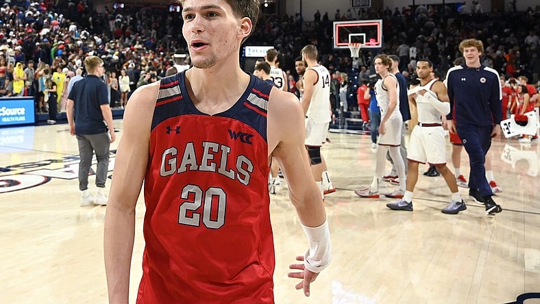 Feb 3, 2024; Spokane, Washington, USA; St. Mary's Gaels guard Aidan Mahaney (20) celebrates after a game against the Gonzaga Bulldogs in the second half at McCarthey Athletic Center. St. Mary's Gaels won 64-62. Mandatory Credit: James Snook-USA TODAY Sports