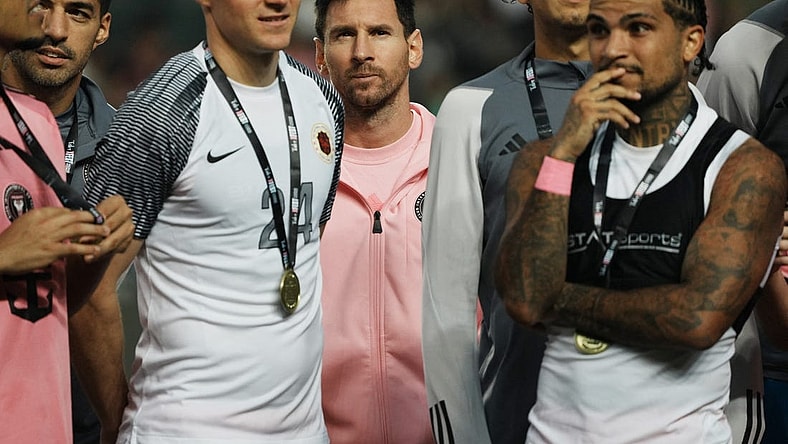 [US, Mexico & Canada customers only] Feb 4, 2024; Hong Kong, HONG KONG; Inter Miami players Lionel Messi, Julian Gressel, Luis Suarez and DeAndre Yedlin during the trophy presentation after a preseason friendly soccer match against Hong Kong XI at Hong Kong Stadium. Mandatory Credit: Lam Yik/Reuters via USA TODAY Sports