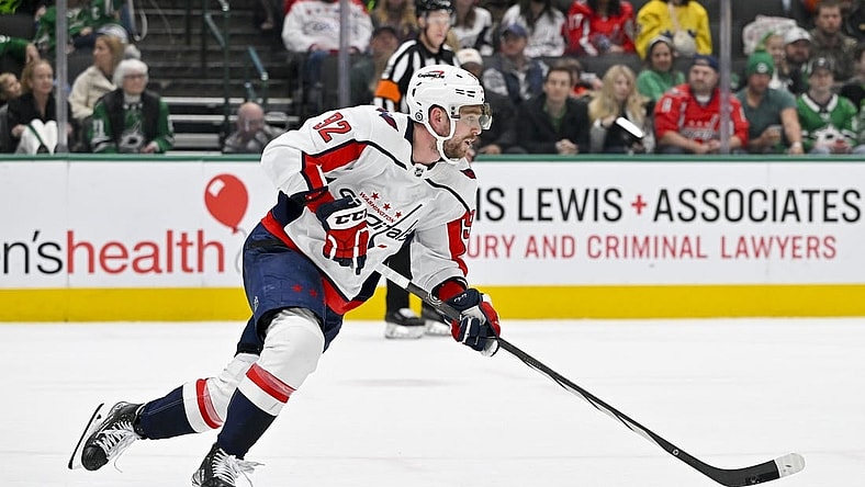 Jan 27, 2024; Dallas, Texas, USA; Washington Capitals center Evgeny Kuznetsov (92) in action during the game between the Dallas Stars and the Washington Capitals at the American Airlines Center. Mandatory Credit: Jerome Miron-USA TODAY Sports
