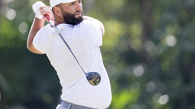 Feb 4, 2024; Playa del Carmen, Quintana Roo, MEX; Jon Rahm of Team Legion XIII tees off on #7 during the final round of the LIV Golf Mayakoba tournament at El Chamaleon Golf Course. Mandatory Credit: Erich Schlegel-USA TODAY Sports