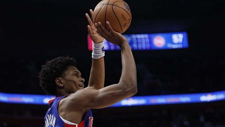 Feb 4, 2024; Detroit, Michigan, USA; Detroit Pistons forward Ausar Thompson (9) shoots in the second half against the Orlando Magic at Little Caesars Arena. Mandatory Credit: Rick Osentoski-USA TODAY Sports