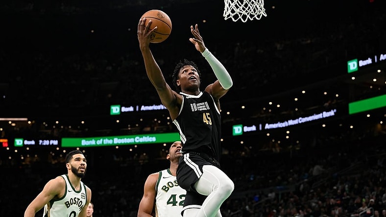 Feb 4, 2024; Boston, Massachusetts, USA; Memphis Grizzlies forward GG Jackson (45) shoots the ball against the Boston Celtics during the second half at TD Garden. Mandatory Credit: Eric Canha-USA TODAY Sports