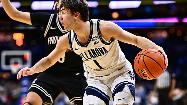 Feb 4, 2024; Philadelphia, Pennsylvania, USA; Villanova Wildcats guard Brendan Hausen (1) controls the ball against the Providence Friars in the second half at Wells Fargo Center. Mandatory Credit: Kyle Ross-USA TODAY Sports