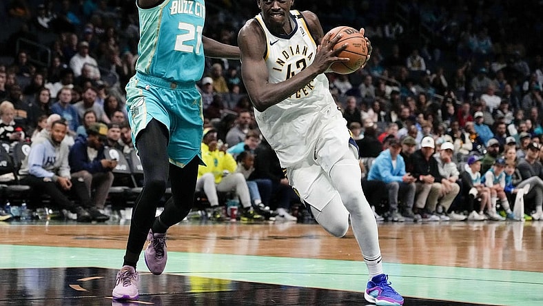 Feb 4, 2024; Charlotte, North Carolina, USA; Indiana Pacers forward Pascal Siakam (43) drives to the basket against Charlotte Hornets forward JT Thor (21) during the second half at Spectrum Center. Mandatory Credit: Jim Dedmon-USA TODAY Sports
