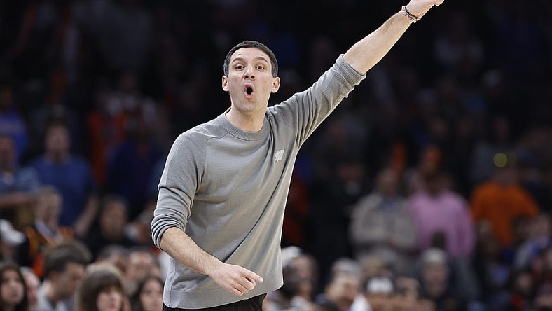 Feb 4, 2024; Oklahoma City, Oklahoma, USA; Oklahoma City Thunder head coach Mark Daigneault gestures to his team on a play against the Toronto Raptors during the second half at Paycom Center. Mandatory Credit: Alonzo Adams-USA TODAY Sports
