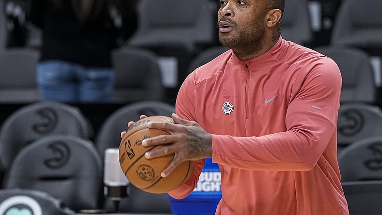 Feb 5, 2024; Atlanta, Georgia, USA; LA Clippers forward P.J. Tucker (17) shown on the court prior to the game against the Atlanta Hawks at State Farm Arena. Mandatory Credit: Dale Zanine-USA TODAY Sports